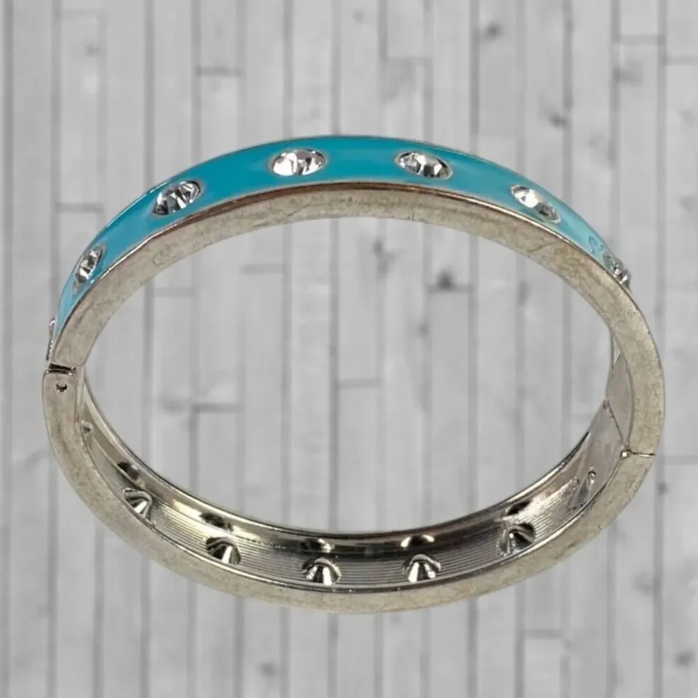 Vintage Enamel Rhinestone Studded Bracelet Turquoise Blue Hinged Bangle Clamper